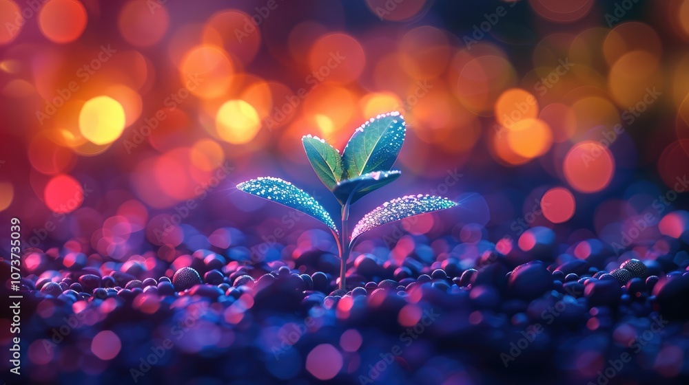 Poster a seedling sprouting from the ground, surrounded by vibrant colors and lights representing growth an