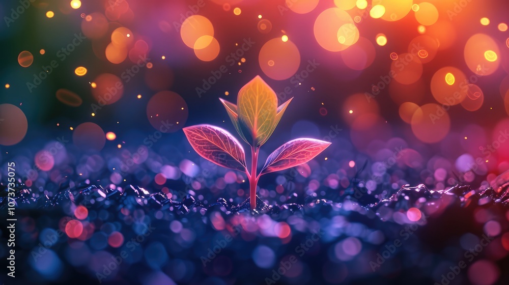 Poster a seedling sprouting from the ground, surrounded by vibrant colors and lights representing growth an