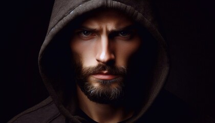 Fototapeta premium Portrait of serious, tense man in hood isolated on black background