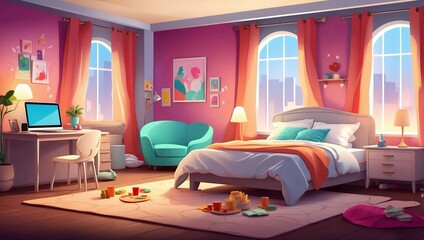 3D anime style interior of bedroom with bed