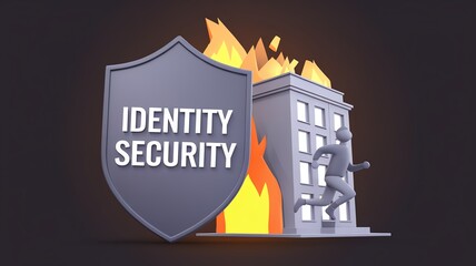 Fototapeta premium Illustration of identity security with shield and burning building.