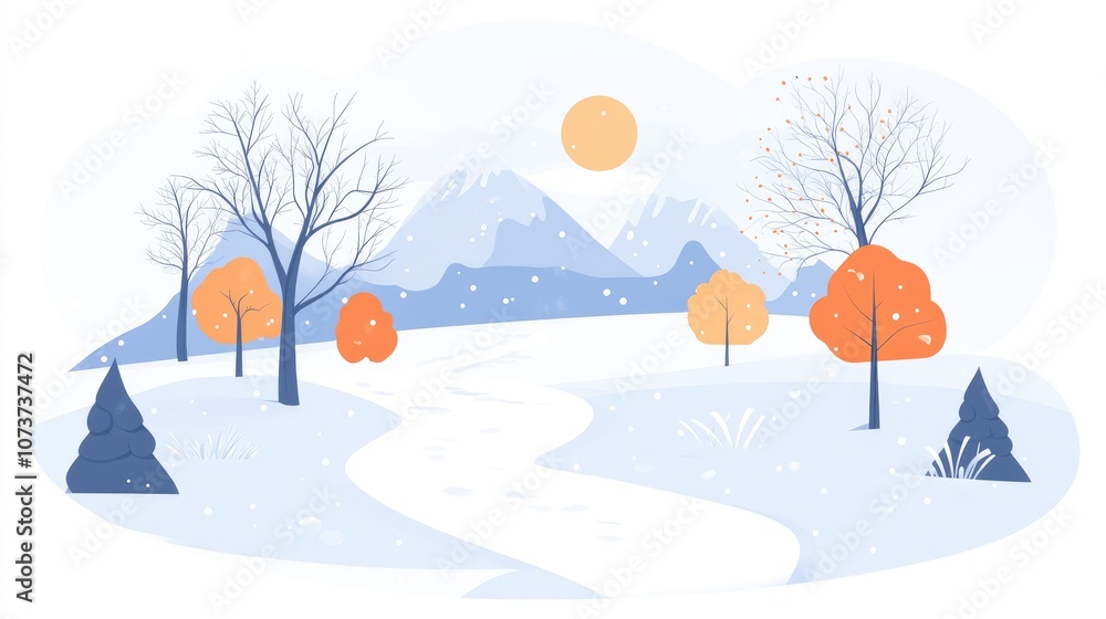 Poster snowy landscape with flat design elements in a white color scheme