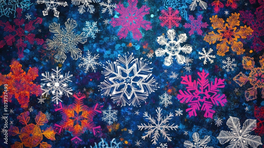 Poster flat design of snowflakes on a vibrant backdrop raster illustration ornamental snowflake pattern sno