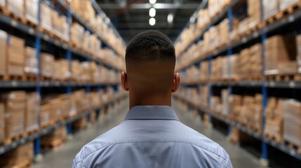 Fototapeta premium A person stands in a vast warehouse, surrounded by orderly shelves stacked high with cardboard boxes, emphasizing the scale of storage and logistics.