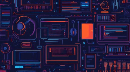 Flat computing background featuring programming and coding elements Incorporates themes of hardware software web development mobile apps and innovative technologies in line art style