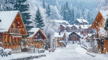 Fototapeta premium Scenic view of traditional houses adorned with Christmas decorations Snow covered rooftops enhance the festive atmosphere of the charming old town