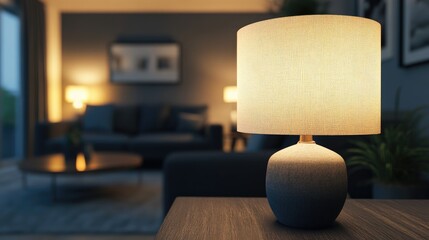 Cozy contemporary room featuring a dark sofa in the background with a dark wooden table and lamp in focus at the forefront 3D rendering