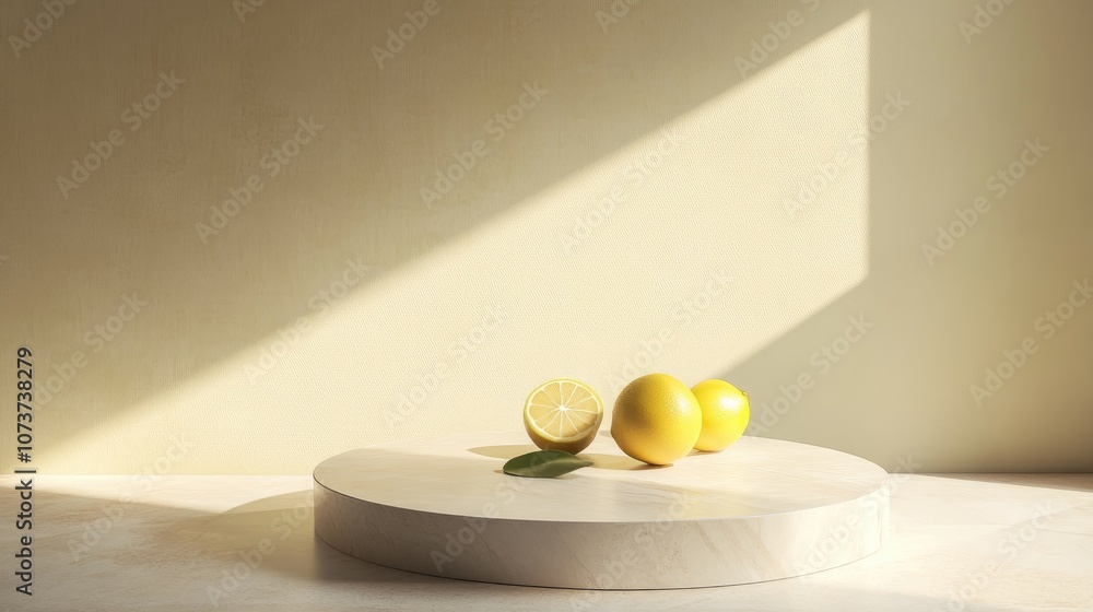 Poster 3d rendered pedestal podium with geometric shapes on the floor designed for product display and mock