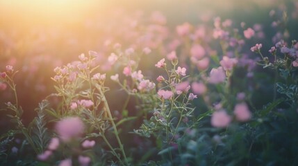 Obraz premium Set of small pink green and violet flowers on a field with a resolution of 300 dpi