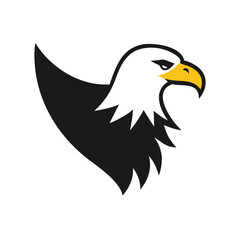 Sleek eagle head logo with black and white contrast, Vector illustration of a stylized eagle head in a sleek, modern design with bold black and white contrast and a sharp yellow beak. Ideal for logos 