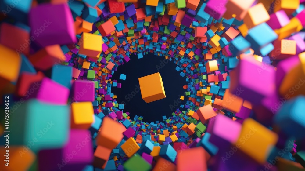 Poster vibrant circular formation of scattered open box elements colorful raster abstraction featuring a br