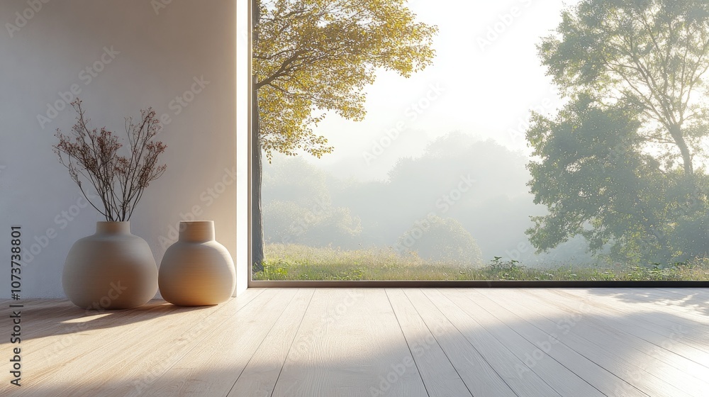 Poster concept of a minimalist scandinavian interior featuring vases on a wooden floor expansive walls and 