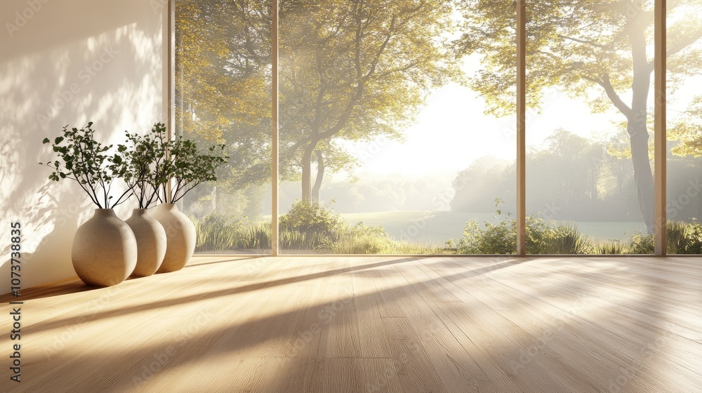 Poster concept of a minimalist scandinavian interior featuring vases on a wooden floor expansive walls and 