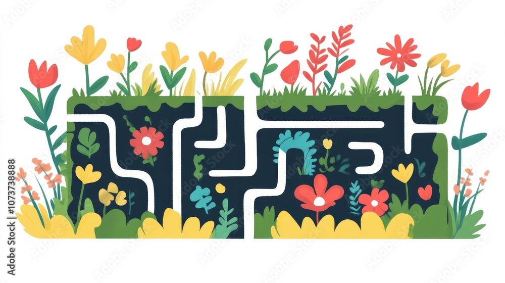 Poster abstract rectangular maze designed for children engaging puzzle with one entrance and exit flat illu