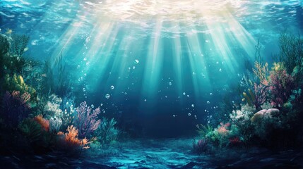 Obraz premium Underwater landscape illustration featuring a deep ocean background with sun rays illuminating the scene