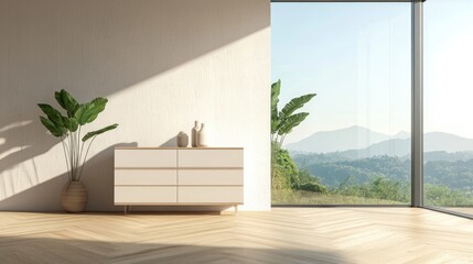 Minimalist interior featuring a white space with a dresser on wooden flooring decorative elements on a large wall and a scenic view through a window Nordic design in 3D illustration