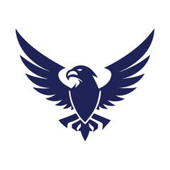 Silhouette of eagle with spread wings and fierce look, Vector illustration of a navy blue eagle with spread wings and a fierce expression in a bold silhouette style. Ideal for logos, emblems, and mili