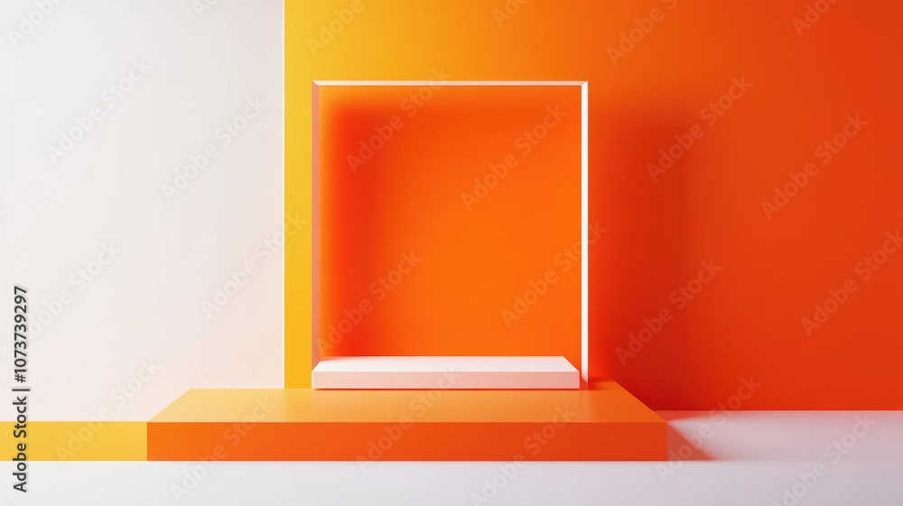Poster top view of an orange geometric square display podium set against an orange and white background 3d 