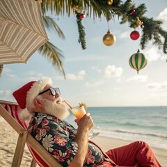 Fototapeta premium Santa Claus on the ocean shore on a sun lounger with a cocktail