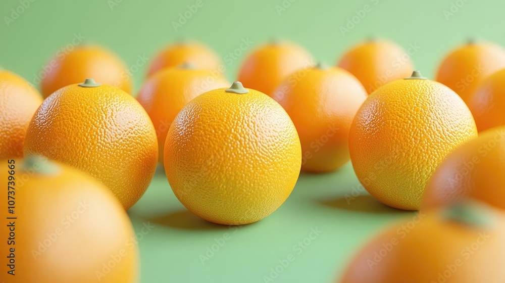 Poster numerous oranges displayed against a light green backdrop flat top perspective vertical orientation 