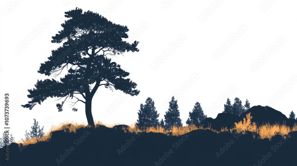 Poster silhouette illustration of a tree in a natural forest setting featuring a colored design on a white 