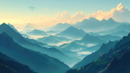 Fototapeta premium Animated background of mountains showcasing beautiful hills in both morning and evening settings