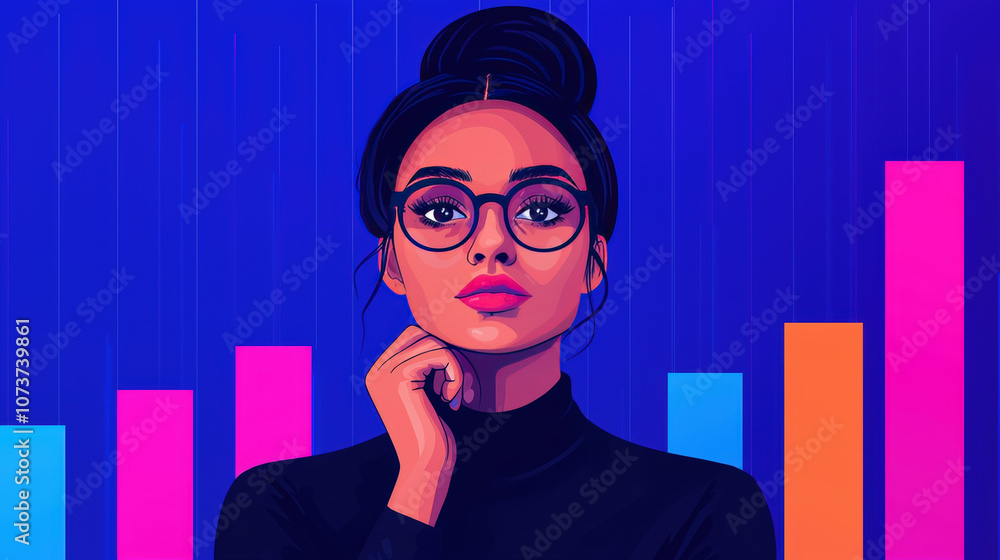 Poster financial analyst presenting report with colorful graphs in background, showcasing data analysis and
