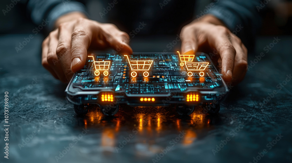 Aufkleber hands interacting with digital shopping cart interface on circuit board, symbolizing e commerce and 
