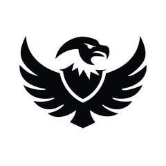 Bold black eagle emblem with spread wings, Vector illustration of a black eagle with spread wings in a bold, minimalist style. The design features a shield-like chest, ideal for logos and emblems.
