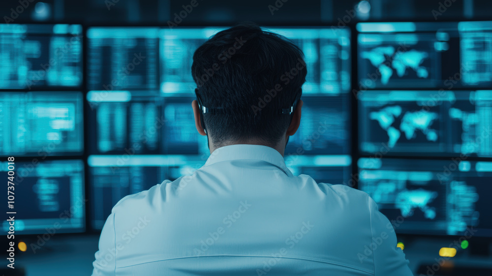 Poster professional observing data on multiple screens in modern office environment, showcasing technology 