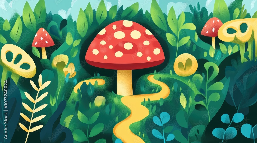 Poster abstract square maze featuring a path leading to a charming mushroom designed as a children s game o