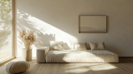 Obraz premium Beige minimalist living room featuring a sofa on wooden flooring decor on a spacious wall and a white landscape visible through the window Nordic home interior rendered in 3D