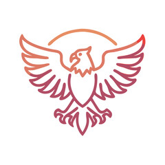 Gradient line art eagle with spread wings, Vector illustration of an eagle with spread wings in gradient line art style, featuring a circular arch. Ideal for logos, emblems, and decorative designs.
