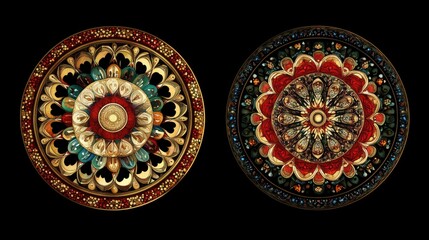 Fototapeta premium Collection of Two Round Symmetrical Designs Featuring Mandala and Circular Frame Kaleidoscopic Illustration with Eastern Motifs for Anti Stress Therapy