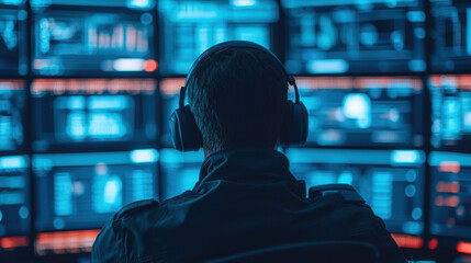 person wearing headphones sits in front of multiple screens displaying data and graphs in futuristic office environment. blue lighting creates high tech atmosphere