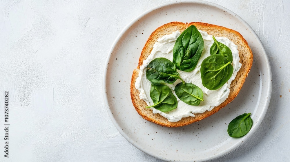 Poster cereal baguette spread with cream cheese and topped with spinach leaves presented on a white plate a
