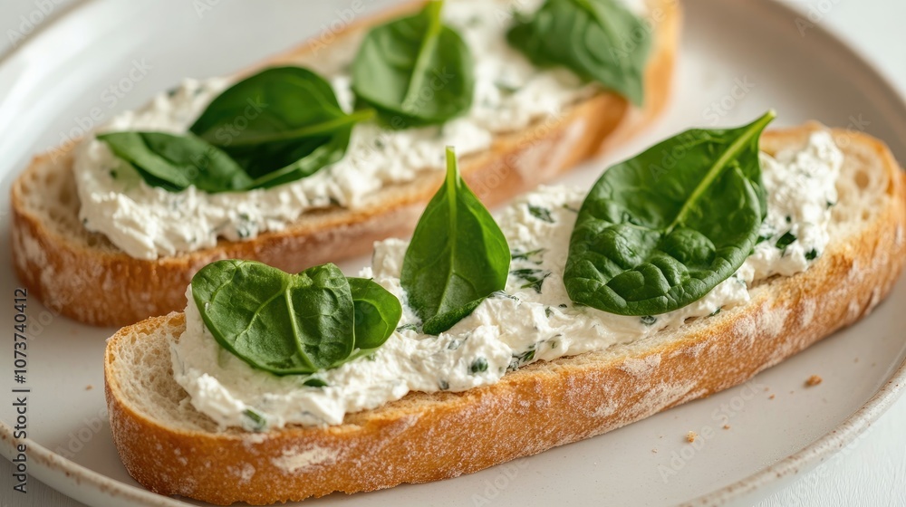Poster cereal baguette spread with cream cheese and topped with spinach leaves presented on a white plate a