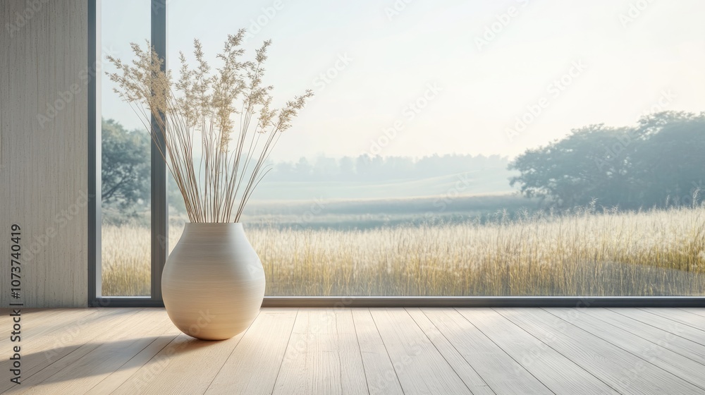 Poster concept of a minimalistic scandinavian interior featuring a vase on wooden flooring and expansive wa