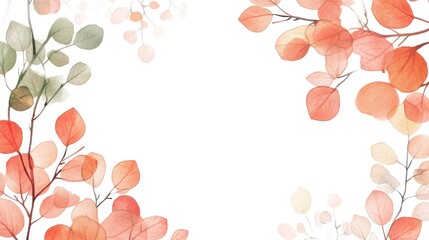 Vertical card template adorned with a border of vibrant translucent tree branches and leaves set against a white background A beautiful natural design featuring modern flat floral elements