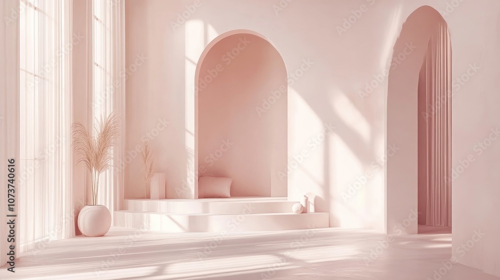 Poster minimalistic interior featuring soft light pink hues furnished with decor elements the light backdro