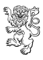 Figure of Roaring Lion Standing on Hind Legs. Growling Full Face. Outline Hand Drawn Illustration. Engraving. Element for Tattoo Design, Mascot, Symbol