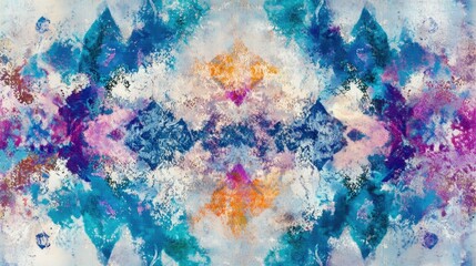 Rhombus Design with Sea Inspired Psychedelic Tie Dye White Acrylic Artwork featuring Aqua African Ikat and Ethnic Bohemian Patterns