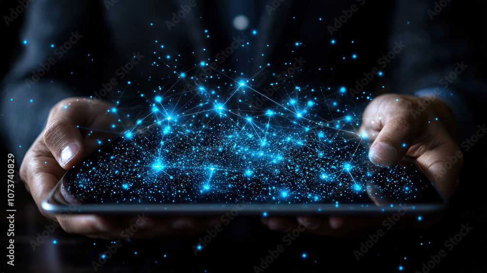 Poster professional businessman using tablet, showcasing digital connections and data visualization. image 