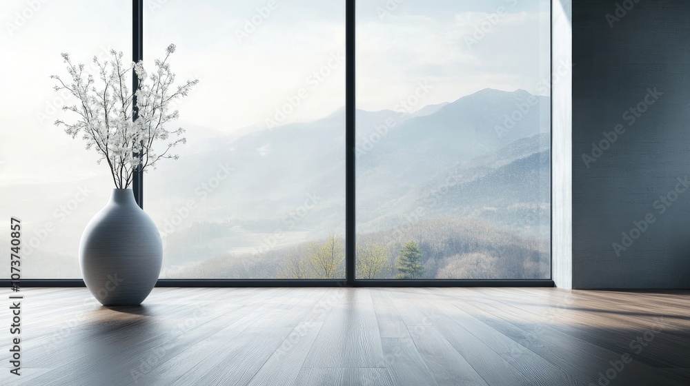 Poster concept of a minimalistic scandinavian interior featuring a vase on wooden flooring and expansive wa