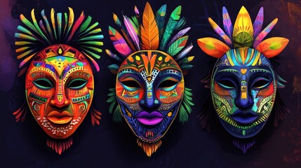 Ethnic masks designed for celebrations festivals and ceremonies The artwork showcases vibrant and traditional styles