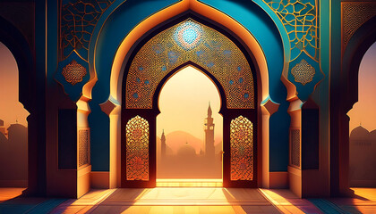  A traditional Islamic window or door arch with an Arab frame, often used in mosque gates an_1(258)