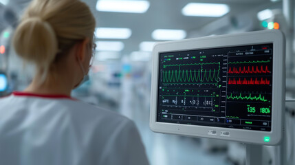 Close up of medical professional monitoring vital signs on diagnostic device in hospital setting, showcasing advanced technology and patient care
