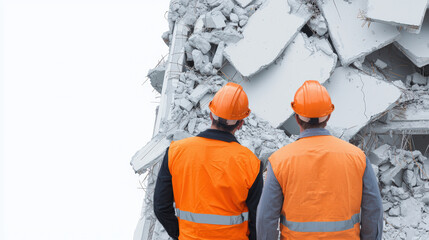 Construction workers observe collapsed structure, wearing safety helmets and vests. Their expressions reflect concern for safety and risks involved in construction work