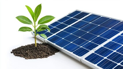 Fototapeta premium A young plant growing beside a solar panel, symbolizing renewable energy and sustainability.