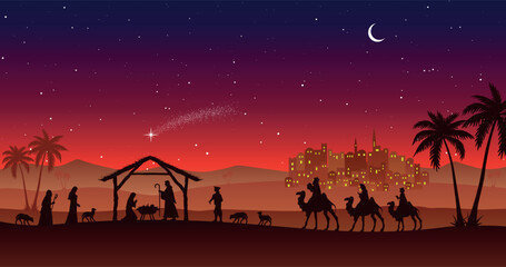 Christmas Nativity scene background. The Three Wise Men arrive at the hut. Desert setting at night. Vector illustration.